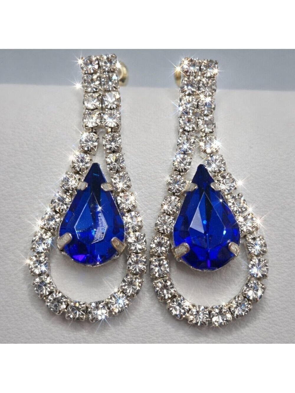 Sapphire Blue & Clear Crystal Teardrop Dangle Earrings Wedding Bride Sparkly